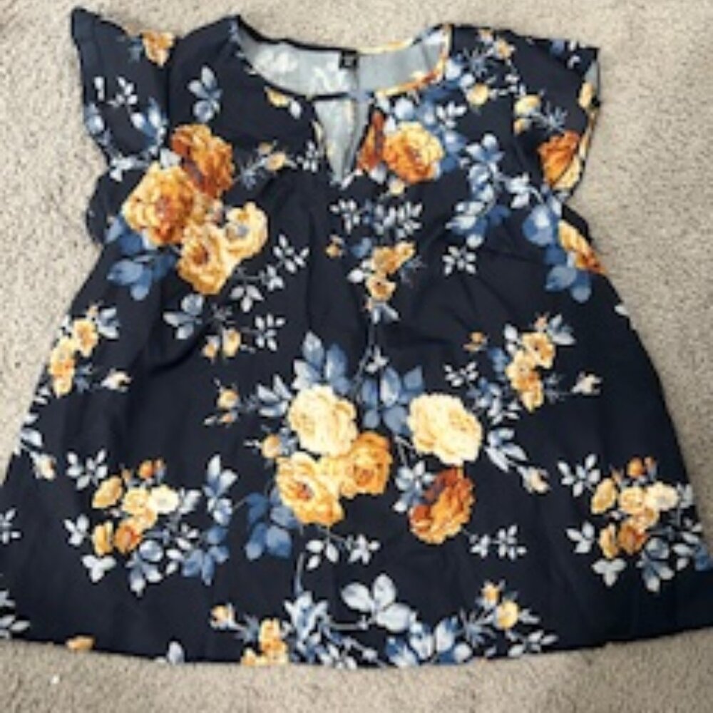 Floral Short Sleeve Keyhole Blouse - Navy and Mustard